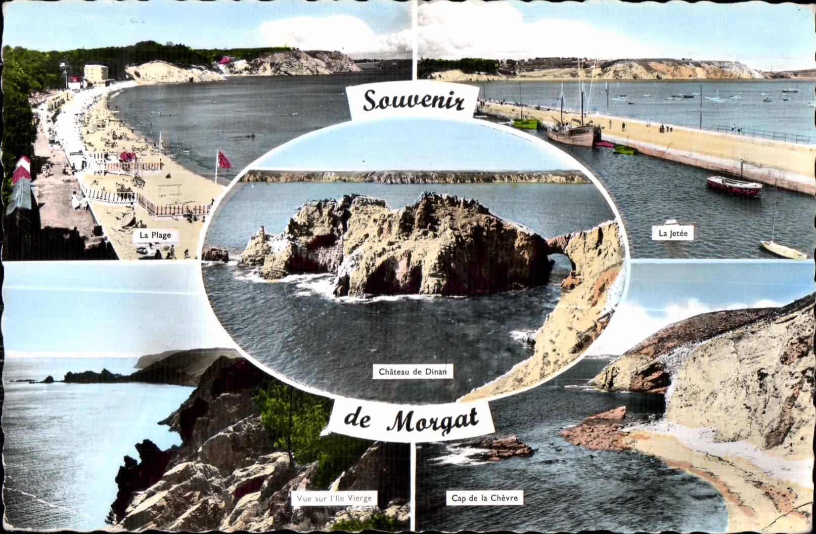 Morgat — Vue de la plage, du château de Dinan, de l'île Vierge — Éditeur Artaud Paris et Fils, Nantes - Recto