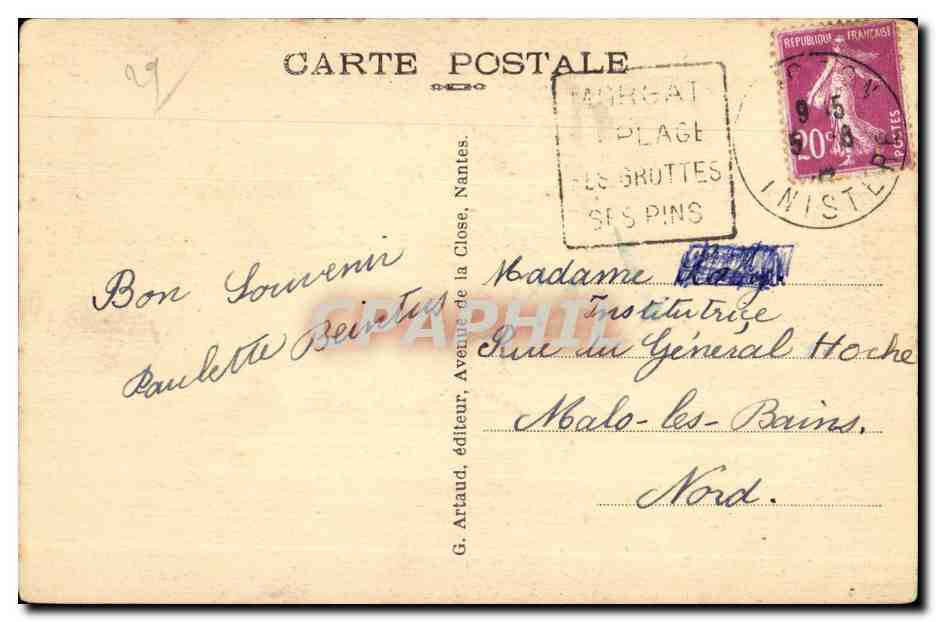 Grotte de Roméo - Au fond, pointe de Gador — Morgat, éditeur G. Artaud, n° 53 — Verso