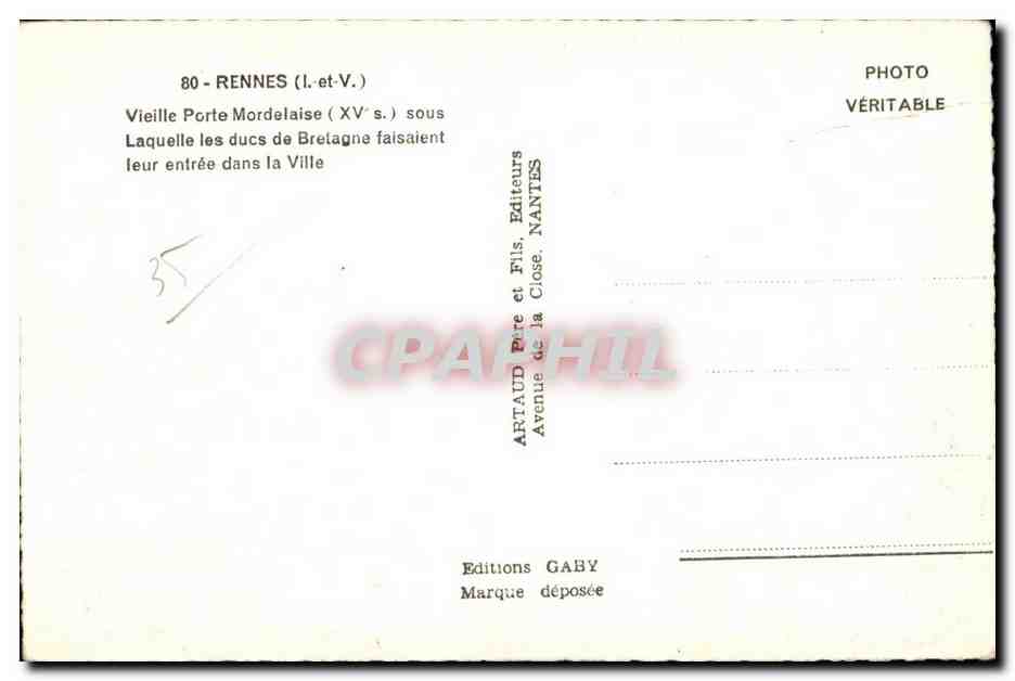 Vieille Porte Mordelaise à Rennes — Rennes (Ille-et-Vilaine) — Éditions Gaby — Verso