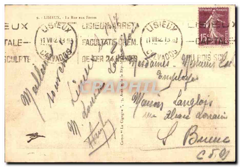 Lisieux — La Rue aux Fèvres — Cartes « La Cigogne » — Achterkant