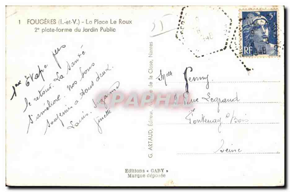 Fougères (Il.-et-V.) — La Place Le Roux, 2e plate-forme du Jardin Public — Éditions Gaby — Achterkant