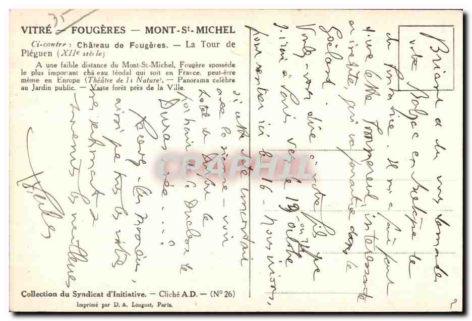 Fougères — Château de Fougères — La Tour de Pléguen — Vue panoramique — Collection du Syndicat d'Initiative — Cliché A.D. (N° 26) — Rückseite