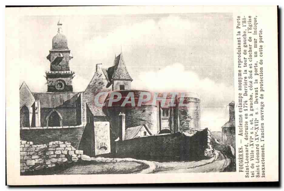 Fougères — Iglesia antigua de San Leonardo y puerta de protección — editor anónimo