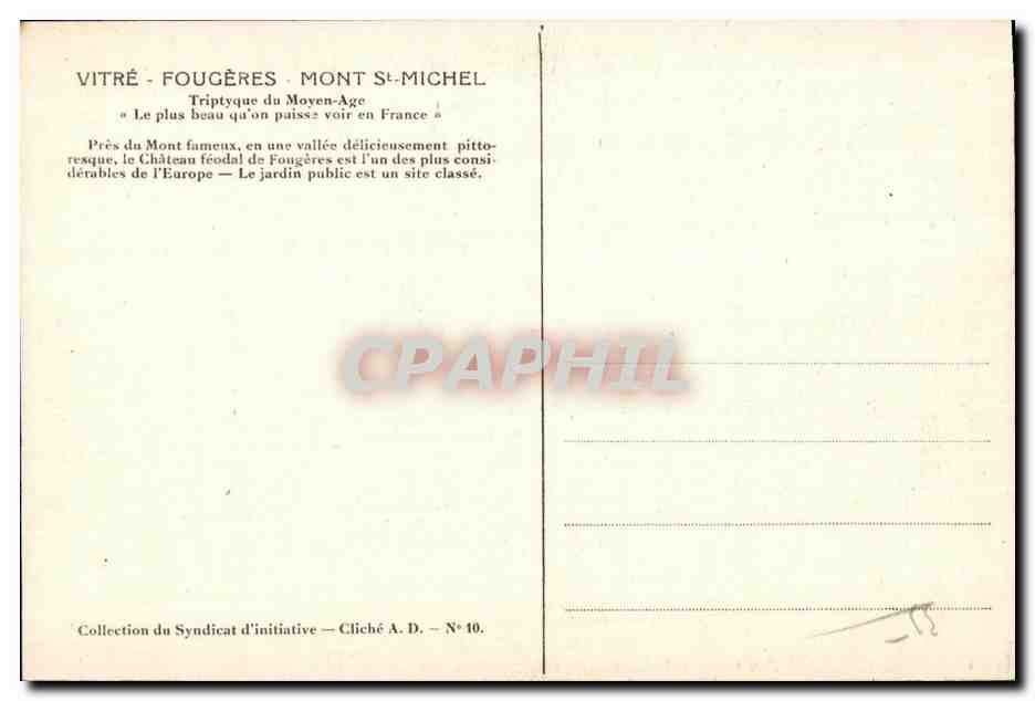 Château de Fougères — La Tour Mélusine (fin du XIIIe siècle) — Collection du Syndicat d'initiative — Cliché A.D. — N° 10 — Rückseite