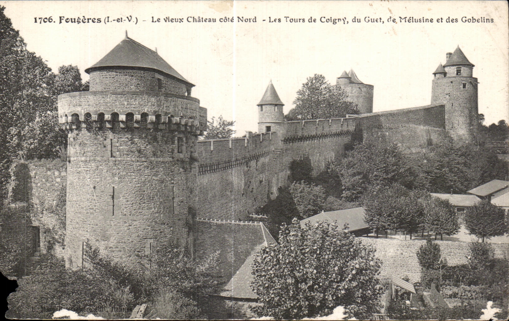 Fougères (Ille-et-Vilaine) — Le vieux Château côté Nord — Les Tours de Coigny, du Guet, de Mélusine et des Gobelins