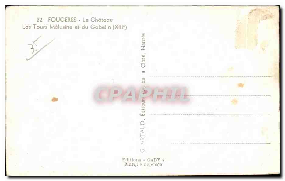 CPA Fougeres Le Chateau Les Tours Melusine et du Gobelin — Verso
