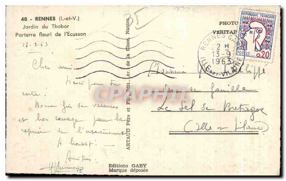 Jardin du Thabor — Parterre fleuri de l'Écusson — Éditions Gaby — Verso