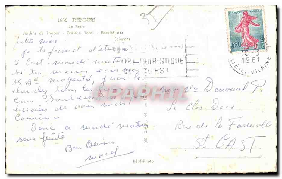 Rennes, Capitale de la Bretagne — CPA PHIL, n° de série non visible — Verso