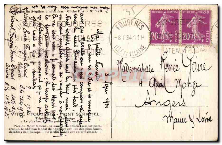 Fougères — Blick auf das Schloss — Zitat von Balzac — Verlag Cliché E.A. Nr. 178 — Rückseite