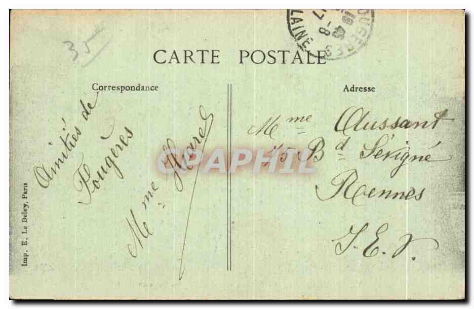 Fougères — Il Castello feudale e la Chiesa di San Leone — Imp. E. Le Deley, Parigi — Verso
