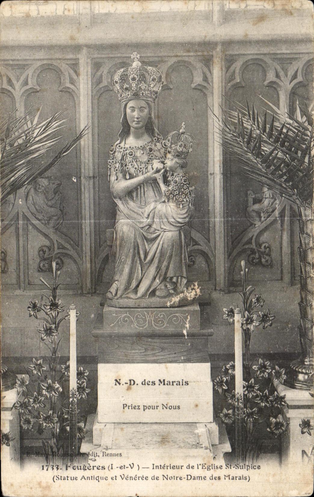Fougères (Ille-et-Vilaine) — Innenansicht der Kirche St-Sulpice — Alte und verehrte Statue der Jungfrau von den Sümpfen