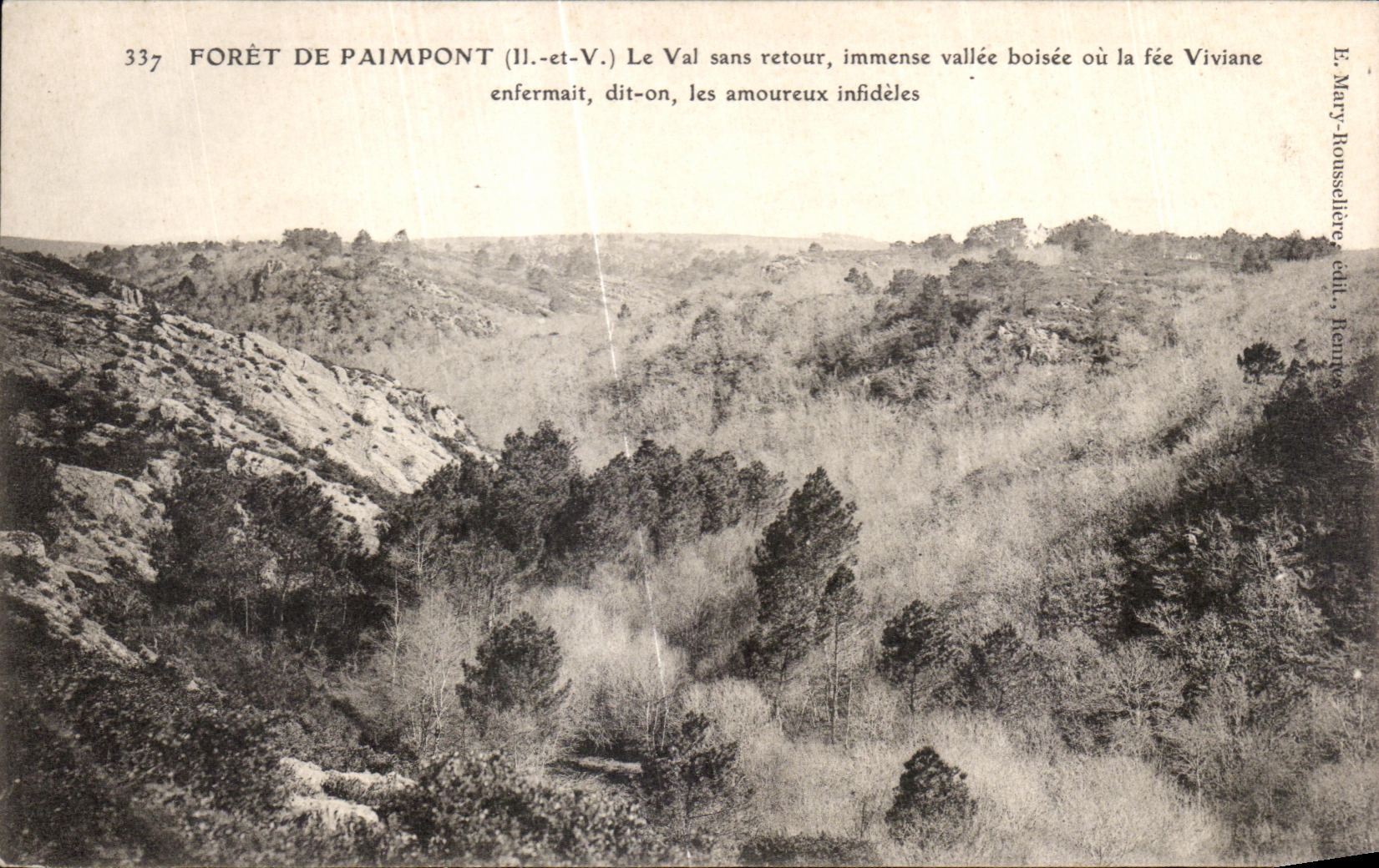 Forêt de Paimpont — Le Val sans retour, immense vallée boisée où la fée Viviane enfermait les amoureux infidèles — E. Mary-Honslberg, édit. Rennes