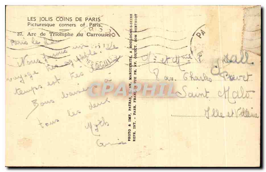 CPA Les Jolis Coins de Paris Arc de Triomphe du Carrousei — Rückseite