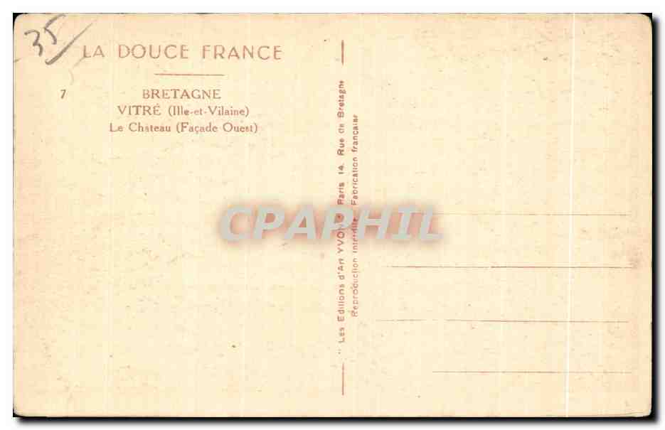 Vitré — Le Château (Façade Ouest) — Les Éditions d'An VVOLIN Paris — Verso