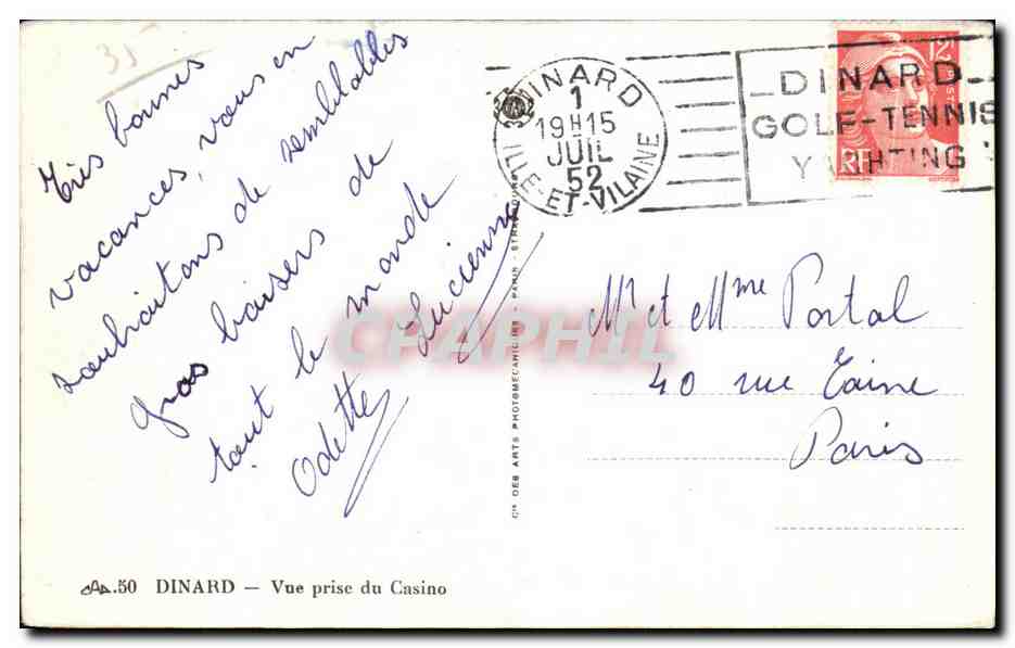 Dinard — Vue prise du Casino — CPA n°50 — éditeur CIN DER ARTS PHOTO-MECANIQUE — Reverso