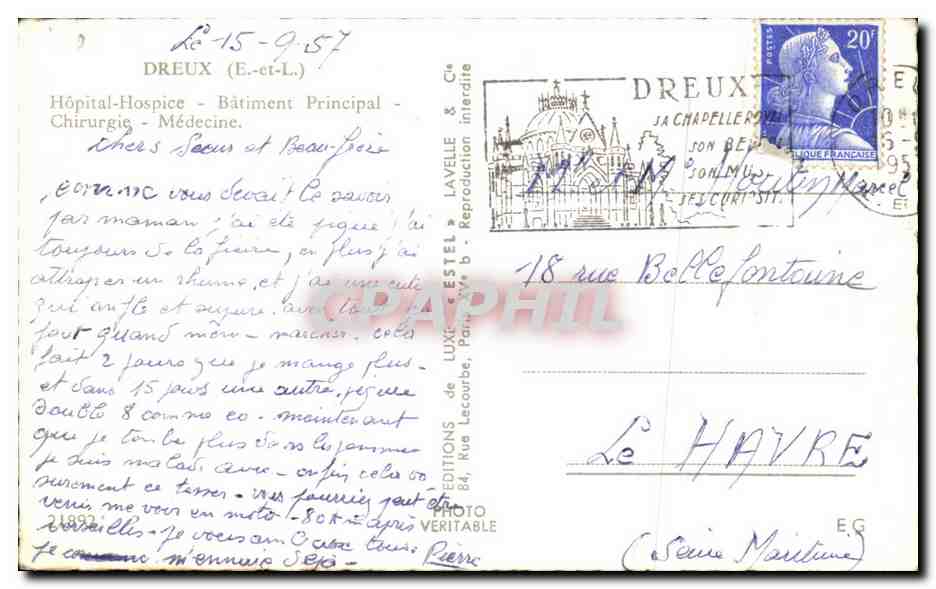 Hôpital-Hospice de Dreux — Bâtiment Principal — Chirurgie & Médecine — Éditeur Estel — Verso