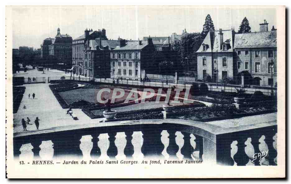 Rennes — Jardin du Palais Saint Georges — vue depuis un balcon, avec l'avenue Janvier en arrière-plan — éditeur Gaby
