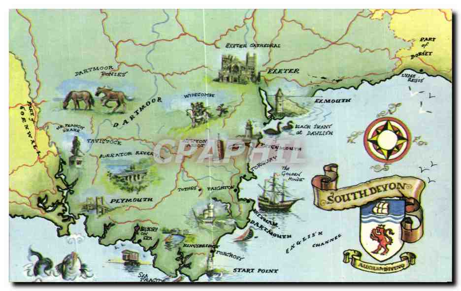 Carte illustrée de South Devon — Dartmoor, Exeter, Plymouth — éditeur non visible - Anverso