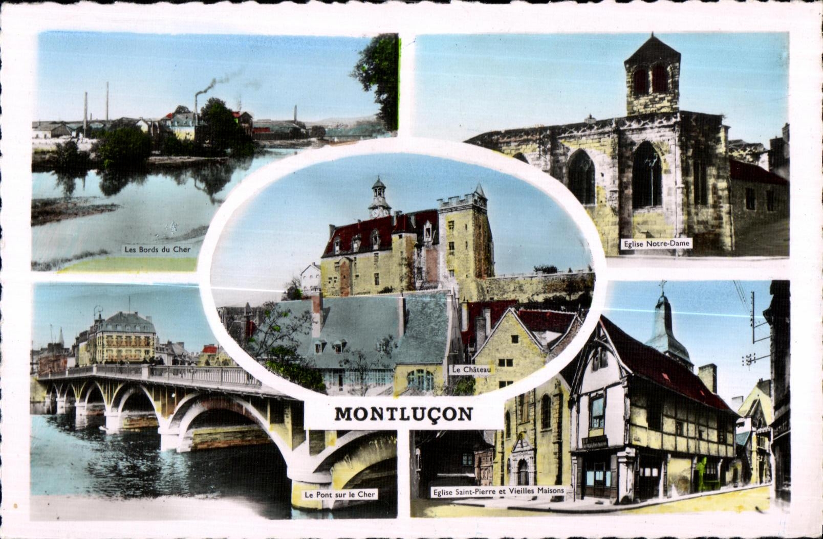 Montluçon — Panoramablick mit der Brücke über den Cher, dem Schloss, der Kirche Notre-Dame und der Kirche Saint-Pierre — Gaby Editions, Nantes