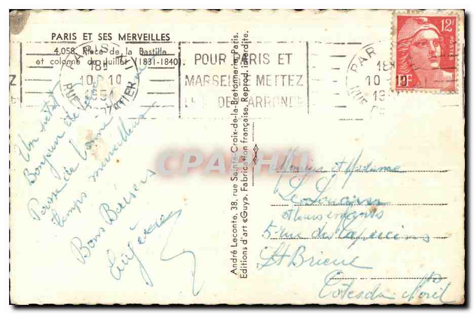 CPA Paris et ses Merveilles Place de la Bastille — Verso
