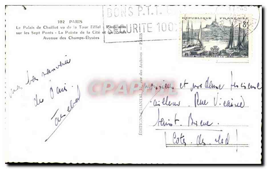 CPA Le Palais de Chaillot vu de la Tour Eiffel sur les Sept Ponts La Pointe de La Cite et les Ponts Avenue des Champs El — Rückseite