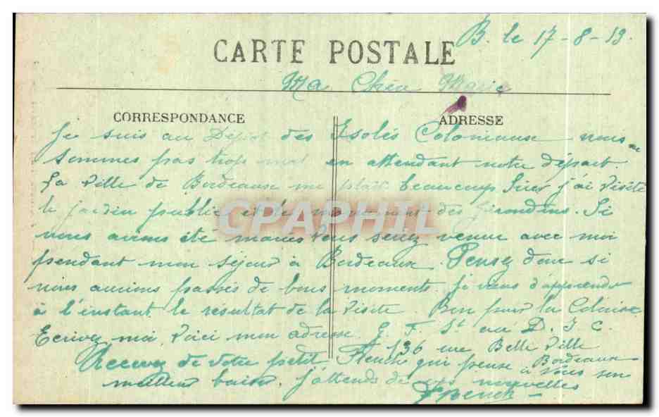 CPA Bordeaux Le Mounment des Girondins — Verso