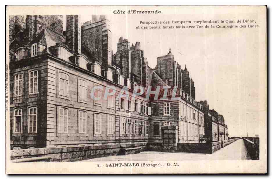 Costa d'Emeraude — Prospettiva dei Bastioni che dominano il Molo di Dinan, e dei bei hotel costruiti con l'oro della Compagnia delle Indie — Edizione M. Guevara, Saint-Malo, n°5