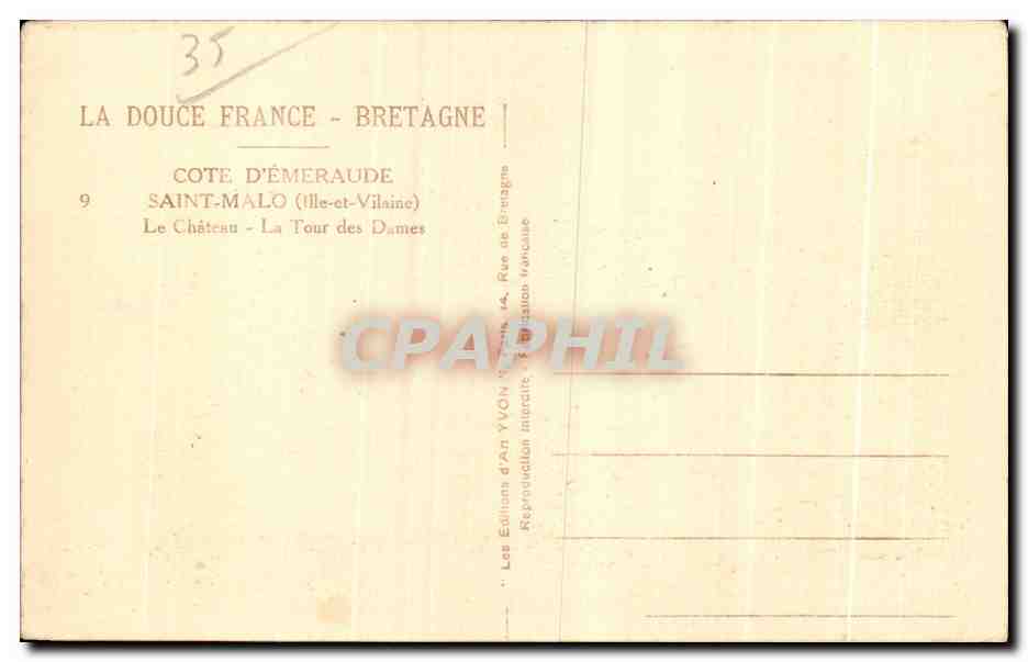 Saint-Malo - La Torre de las Damas — Editor Yvon, n°9 — Reverso