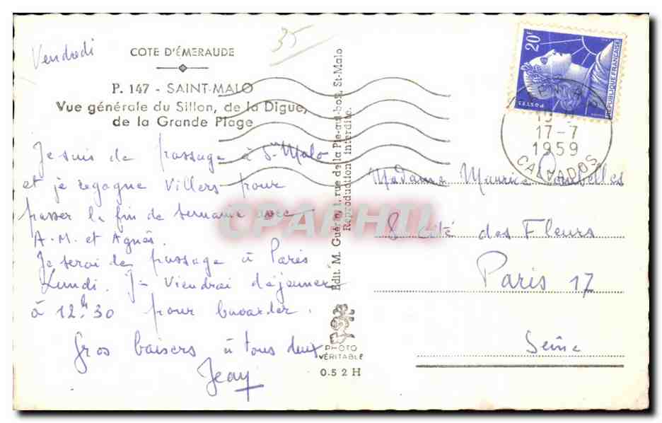 Saint-Malo — Vue générale du Sillon, de la Digue, de la Grande Plage — Éditeur Emge' — Verso