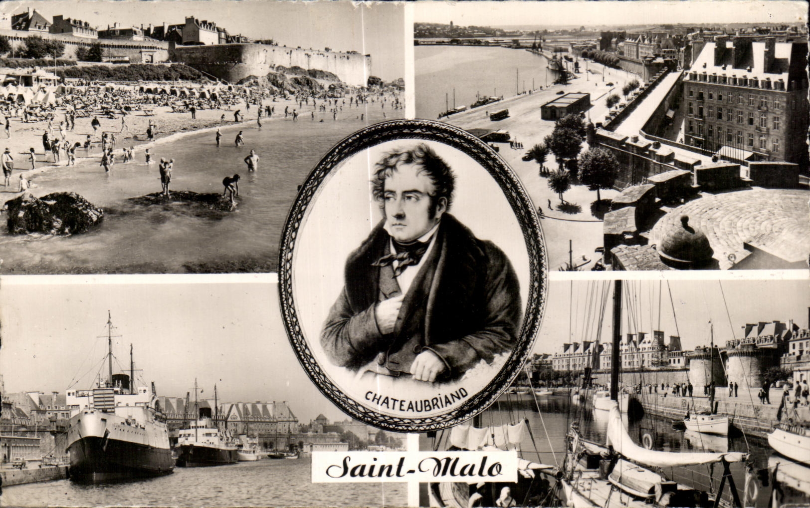 Saint-Malo — Châteaubriand — Vista della spiaggia, del porto e dei muri di cinta — Réal-Photo