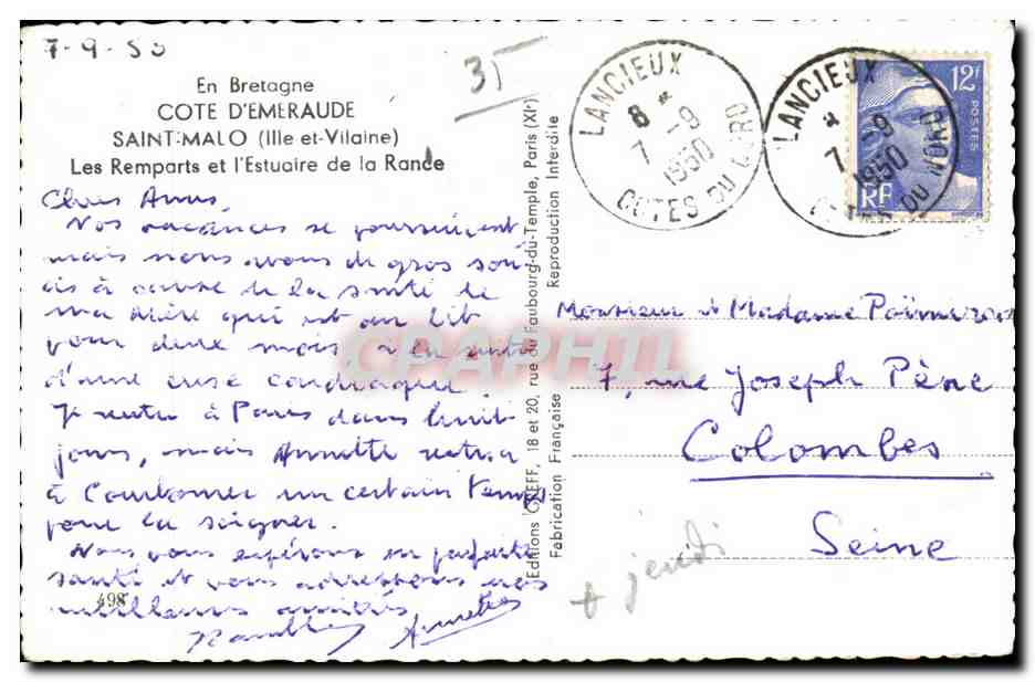 Saint-Malo — Les Remparts et l'Estuaire de la Rance — Éditions CPAPHIL — Verso