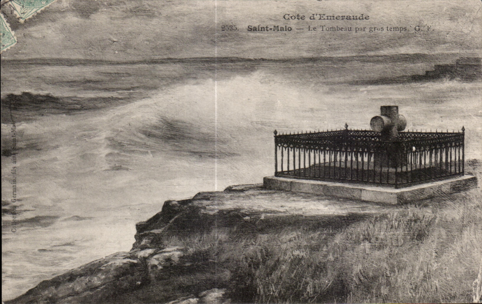 Côte d'Émeraude — Le Tombeau par gros temps — G. F. — Éditeur : Cribes des Germains, dit aîné Saint-Malo