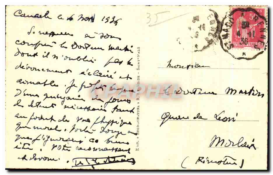 Saint-Malo — La Digue par gros temps — Édit. Bromatvore à R. T. Roids — Reverso