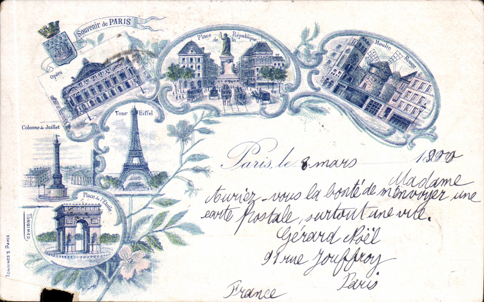CPA Souvenir de Paris Arc de TRiomphe Moulin Rouge Tour Eiffel Place de la Republique Place de l Etoile 