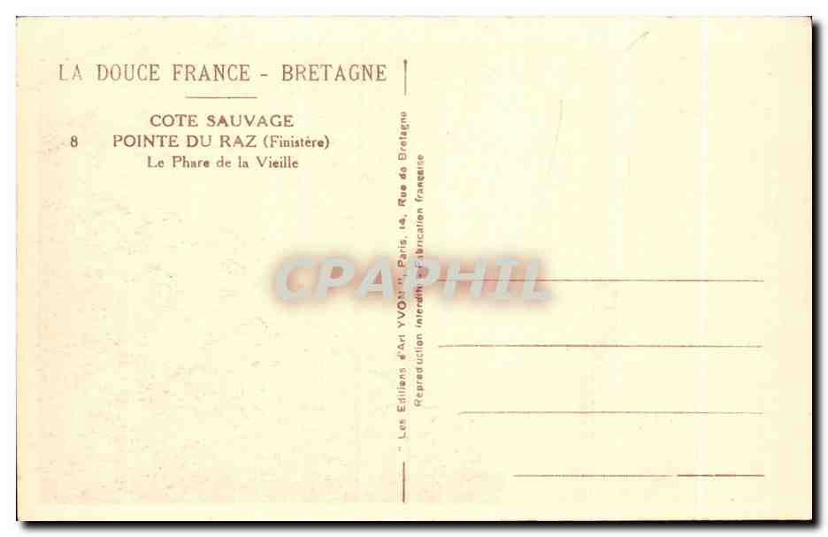 Pointe du Raz - Phare de la Vieille — Éditeur Yvon, n°8 — Verso
