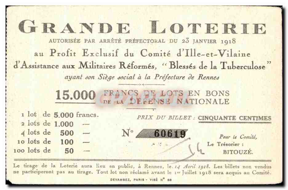 Loterie Comite D Ille Et Vilaine D Assistance Militaires Reformes Blesses De La Pour nos Blesses de la Tuberculose Merci — Rückseite