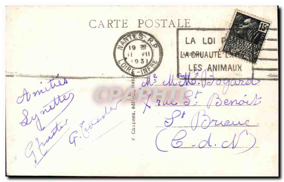 CPA Nantes Le Square Celneray vers le Memorial — Rückseite