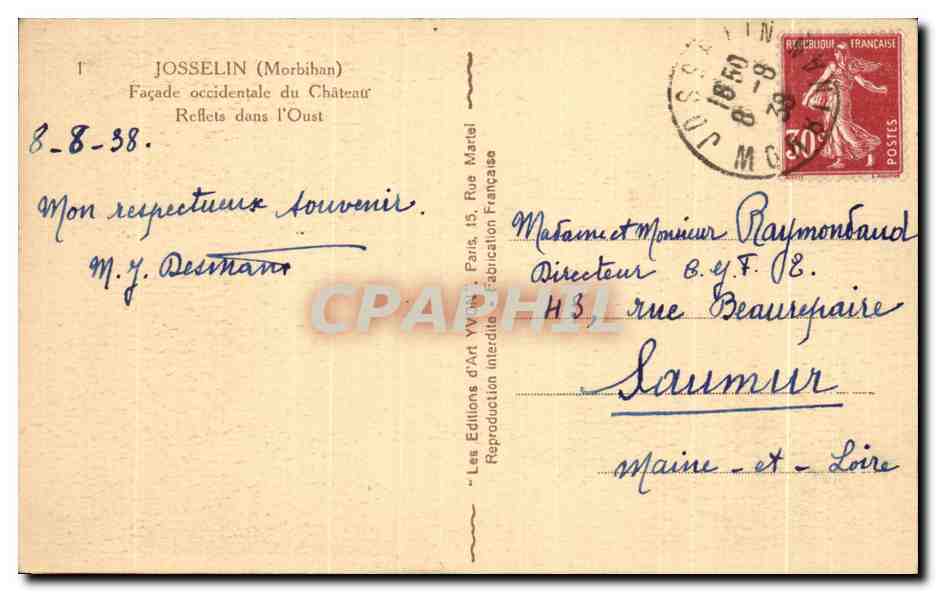 CPA Josselin (Morbihan) Facade occidentale du Chateau Reflcts dans I Oust — Verso