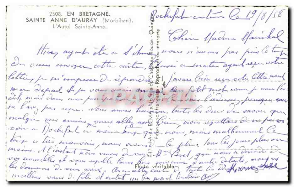 CPSM En Bretagne Sainte Anne D Auray L Autel Sainte-Anne — Verso