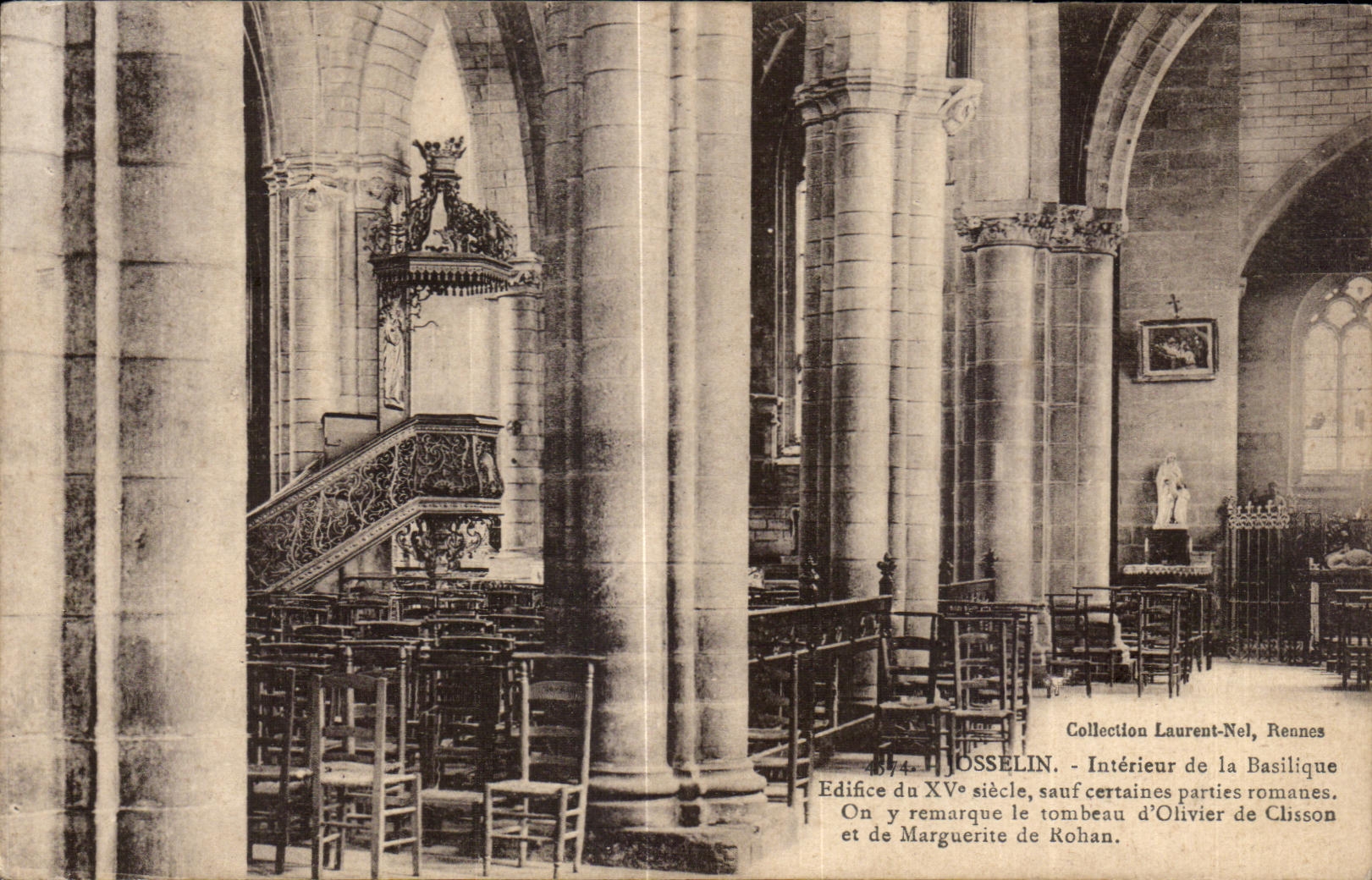 Intérieur de la Basilique - Josselin - Édifice du XVes siècle, sauf certaines parties romanes. Collection Laurent-Nel, Rennes