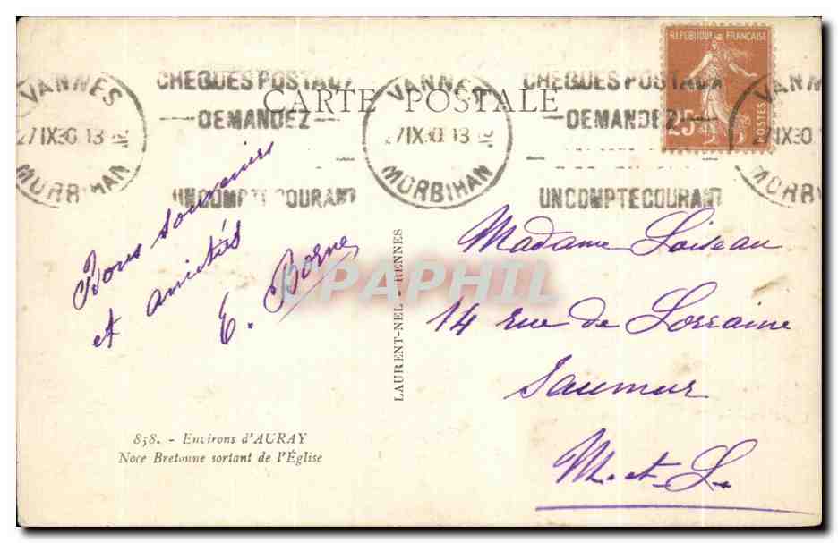 CPA Environs d Auray Noce Bretonne sortant de L Eglise Folklore Costume — Rückseite