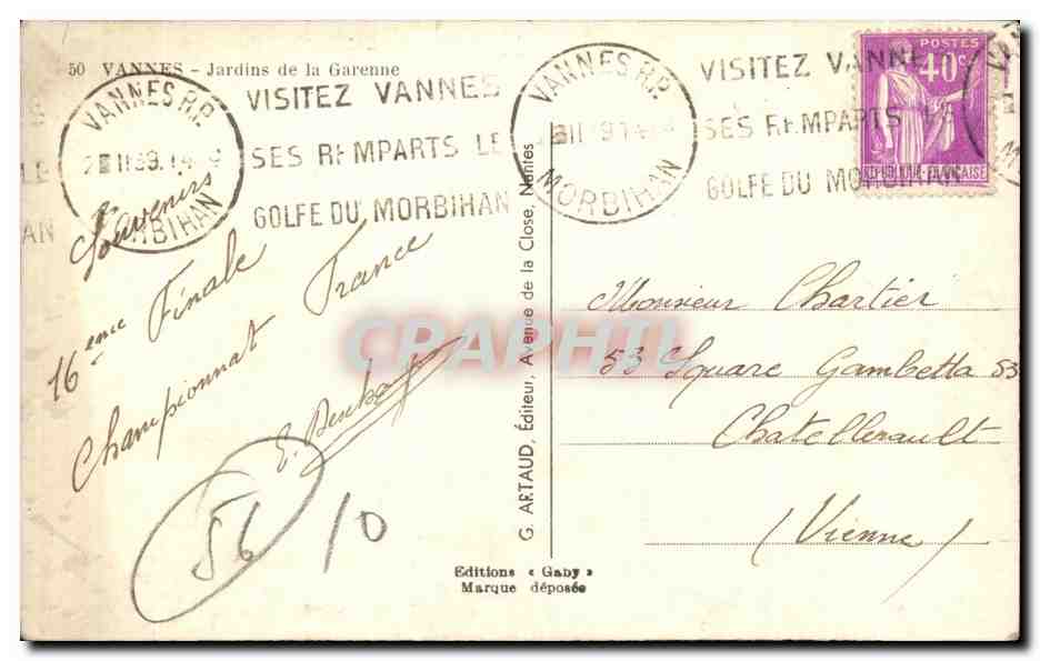Vannes - Jardins de la Garenne — Éditeur Gaby, n°50 — Verso
