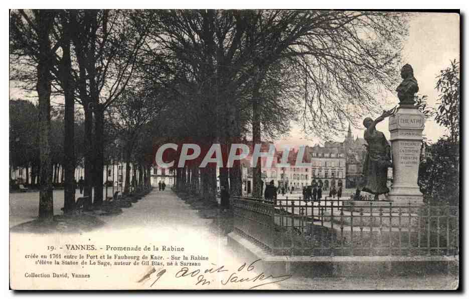 CPA Vannes Promenade de la Rabine creee en entre le port et la faubourg da Kaer Sur la Rabine Seleve la Statee de Le Sag