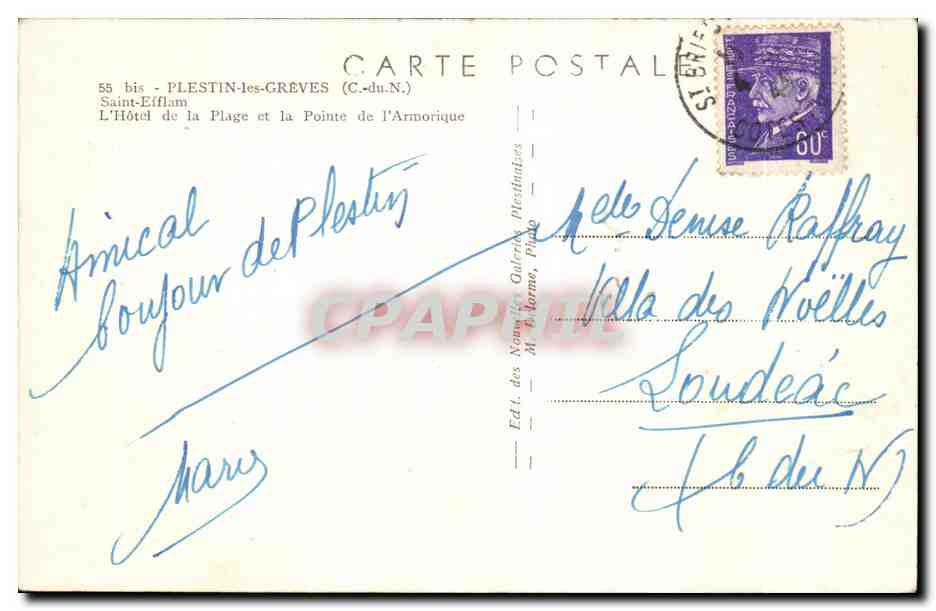 Plestin-les-Grèves — L'Hôtel de la Plage et la Pointe de l'Armoricaine — Éd. des Nouvelles Galeries Ples tinizées, M. d'Orme, Photo — Achterkant