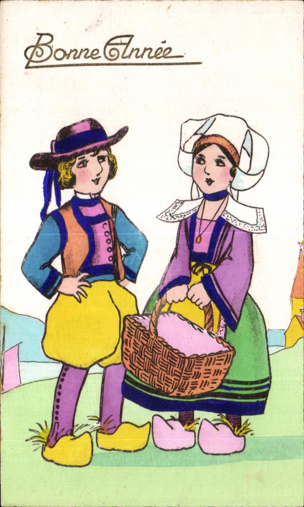 Deux personnages en costume néerlandais — Bonne Année — Éditions Artisanales F. Hamon - Saint-Étienne