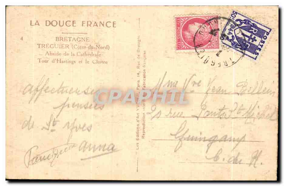 TREGUIER (Côtes-du-Nord) — Abside de la Cathédrale, Tour d'Hastings et le Cloître — Éditions d'An Yvon, n°4 — Verso