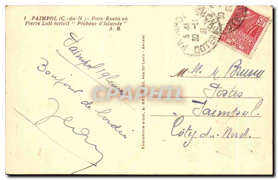 Paimpol (C.-du-N.) — Pors-Evens où Pierre Loti écrivit « Pêcheur d'Islande » — Phototype D'Art, A. Bru, Rue St-Laud - Angers — Rückseite