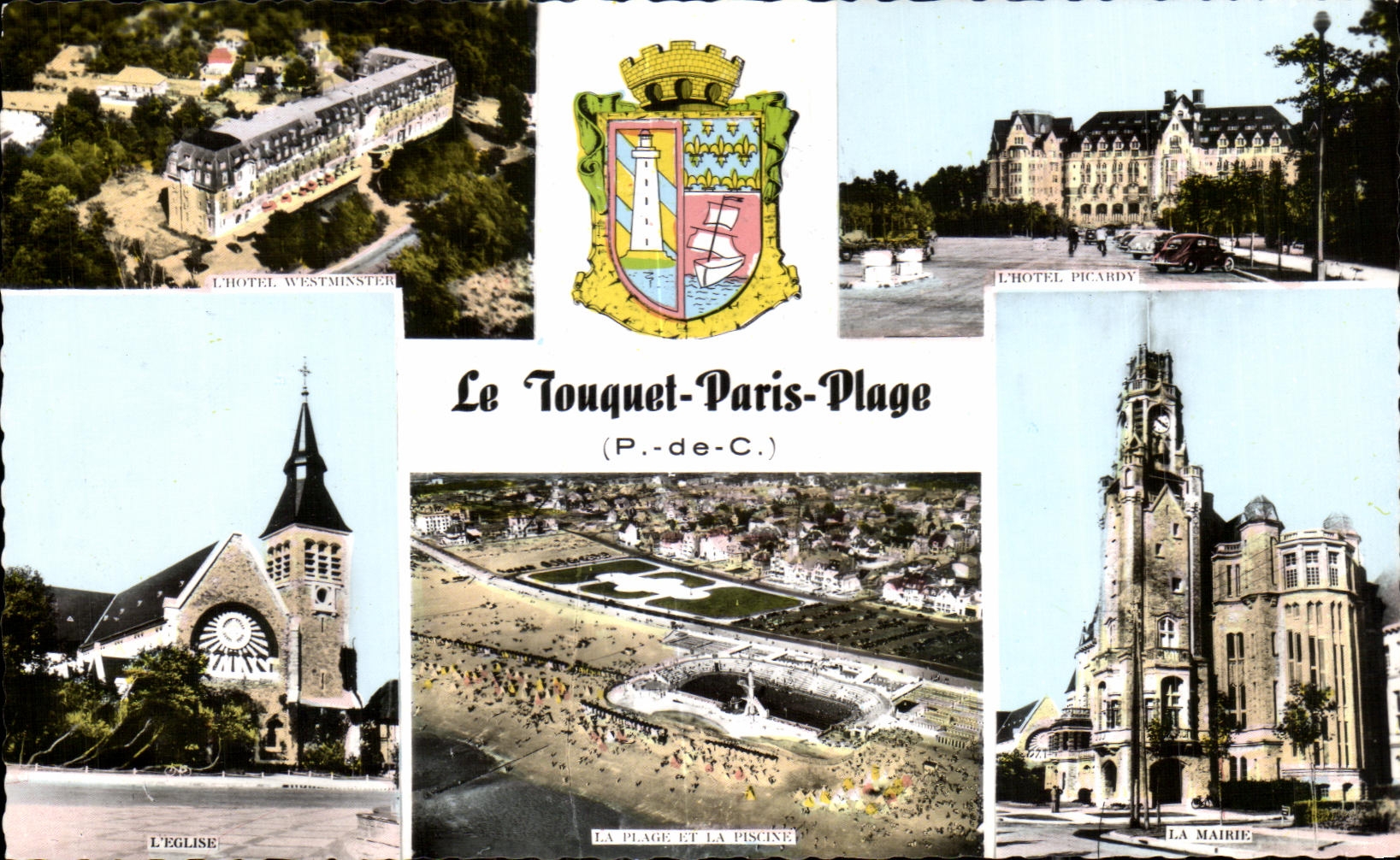 Le Touquet-Paris-Plage (P.-de-C.) — panoramic view with hotels, church, beach and town hall — publisher Combiér Imp. Maçon