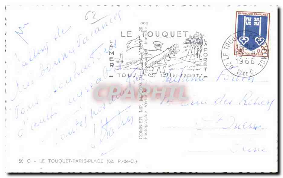 Le Touquet-Paris-Plage (P.-de-C.) — panoramic view with hotels, church, beach and town hall — publisher Combiér Imp. Maçon — Back