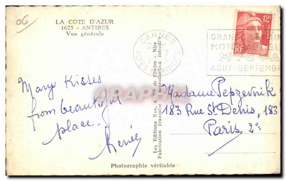 Antibes — Vue générale — Les Editions Mar. 4, rue de Cimiez, Antibes — Rückseite